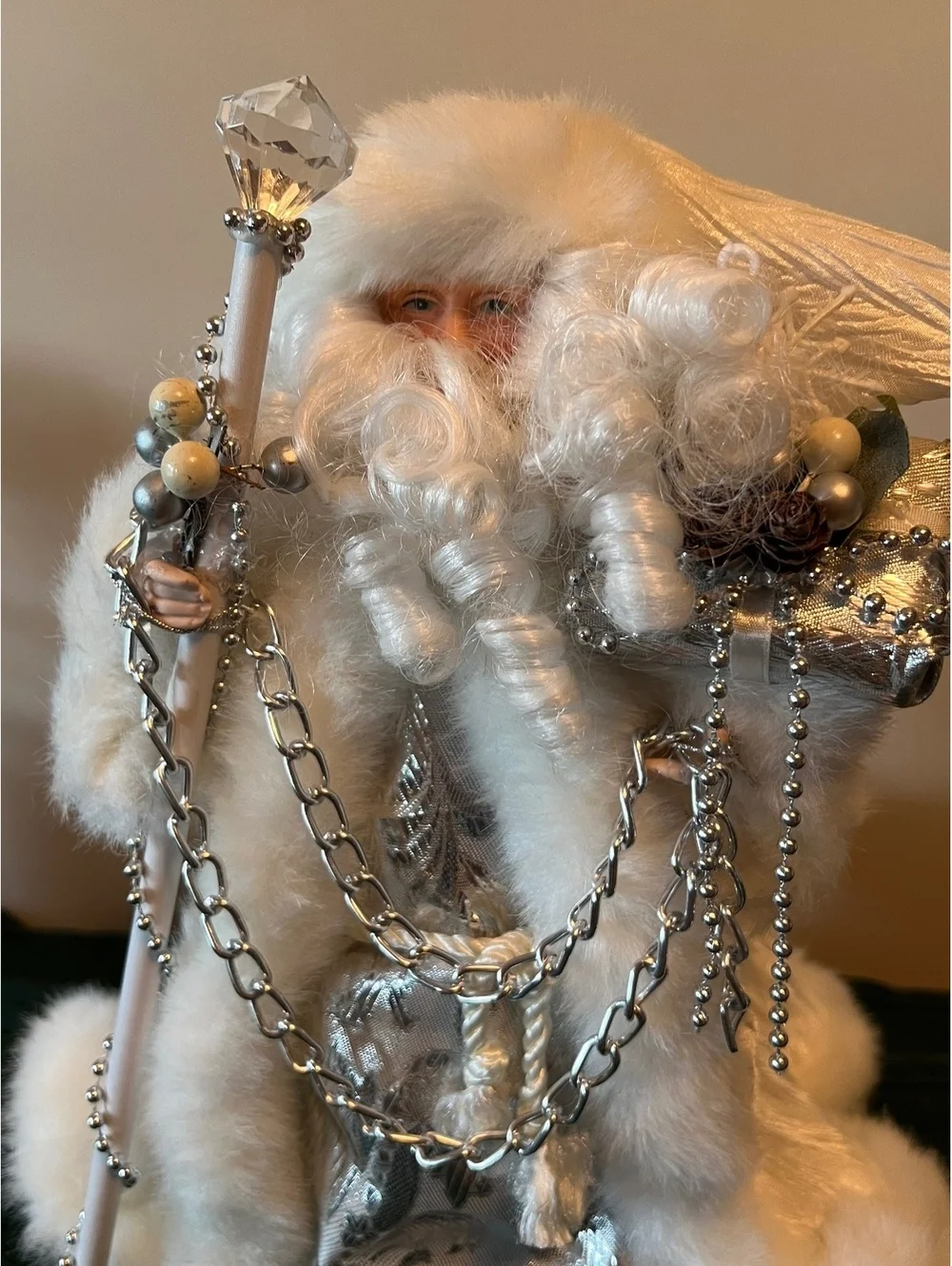 Father Christmas standing figure white faux fur cloak silver embellishments